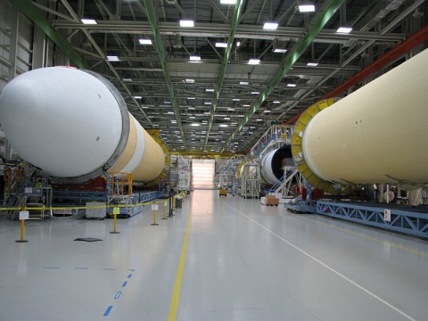 The Delta IV Heavy Lift rocket that will be used for Orion’s first mission, Exploration Flight Test-1, is in the final assembly area at United Launch Alliance’s factory in Decatur, AL. (NASA)