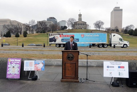 Tennessee Health Commissioner John Dreyzehner, MD, MPH, announces the partnership with the Charlie’s Kids Foundation and Tennessee hospitals to provide teaching materials to help new parents and hospital staff members learn the “ABCs of safe sleep.”