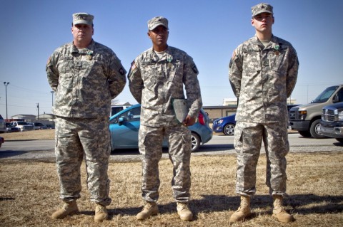 Staff Sgt. Kristopher J. Forchione, Sgt. Ramon A. Fernandez and Sgt. Justin M. Watson, all cannon crewmembers with 4th Battalion, 320th Field Artillery Regiment, 4th Brigade Combat Team, 101st Airborne Division (Air Assault), received Army Commendation Medals with Valor device during an award ceremony Feb. 13, 2014. (Sgt. Justin A. Moeller/U.S. Army)