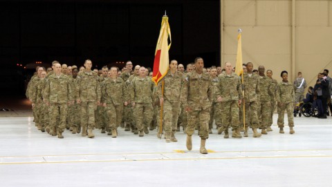 Col. Charles R. Hamilton, the commander of the 101st Sustainment Brigade, 101st Airborne Division (Air Assault), led Soldiers from the brigade home after a nine-month deployment to Afghanistan in support of Operation Enduring Freedom Feb. 15, at Fort Campbell. It was the third deployment for the brigade headquarters in five years. (Sgt. Leejay Lockhart, U.S. Army)