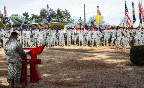 Command Sgt. Maj. Walter Tagalicud, the senior enlisted advisor for 3rd Brigade Combat Team “Rakkasans,” 101st Airborne Division (Air Assault), addresses the attendees and Soldiers of the Rakkasan Activation Ceremony here Feb. 19, 2014. (Photo by Sgt. Brian Smith-Dutton, 3rd BCT Public Affairs)