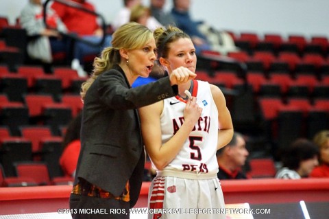 Carrie Daniels giving instuctions to senior Nicole Olszewski during an APSU Lady Govs game at the Dunn Center.