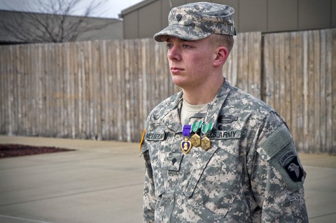 Spc. Brian D. Messersmith, a soldier with Able Company, 1st Battalion, 506th Infantry Regiment, 4th Brigade Combat Team, 101st Airborne Division (Air Assault), received two Army Commendation Medals, one with a Valor device, as well as a Purple Heart, during a ceremony Feb. 7, 2014. (U.S. Army photo by Sgt. Justin A. Moeller, 4th Brigade Combat Team Public Affairs)