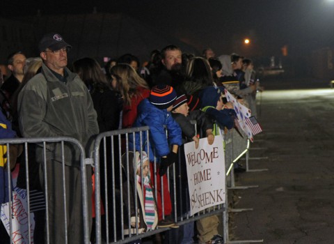 Families gather to welcome home returning soldiers from the 101st Sustainment Brigade, 101st Airborne Division (Air Assault), Feb. 9, at Campbell Army Airfield on Fort Campbell. The soldiers were returning from a nine-month deployment to Afghanistan in support of Operation Enduring Freedom. (Sgt. Leejay Lockhart, 101st Sustainment Brigade Public Affairs)