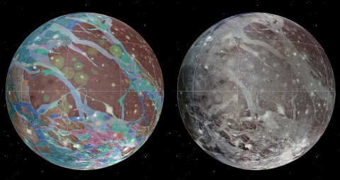 To present the best information in a single view of Jupiter's moon Ganymede, a global image mosaic was assembled, incorporating the best available imagery from NASA's Voyager 1 and 2 spacecraft and NASA's Galileo spacecraft. (USGS Astrogeology Science Center/Wheaton/NASA/JPL-Caltech) To present the best information in a single view of Jupiter's moon Ganymede, a global image mosaic was assembled, incorporating the best available imagery from NASA's Voyager 1 and 2 spacecraft and NASA's Galileo spacecraft. (USGS Astrogeology Science Center/Wheaton/NASA/JPL-Caltech)