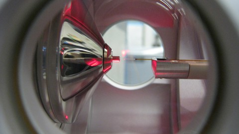 This equipment is used by Goddard's Astrobiology Analytical Lab to analyze very small samples. On the right is the nanoelectrospray emitter, which gives sample molecules an electric charge and transfers them to the inlet of the mass spectrometer (left), which identifies the molecules by their mass. (Michael Callahan)