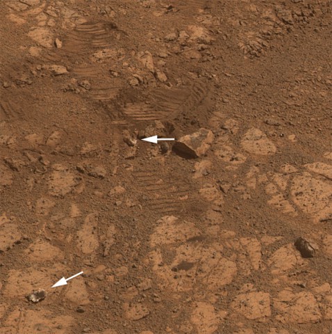 This image from Opportunity's panoramic camera (Pancam) shows where a rock called "Pinnacle Island" had been before it appeared in front of the rover in early January 2014.