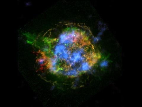 Untangling the Remains of Cassiopeia A: This is the first map of radioactivity in a supernova remnant, the blown-out bits and pieces of a massive star that exploded. The blue color shows radioactive material mapped in high-energy X-rays using NuSTAR. (NASA/JPL-Caltech/CXC/SAO)