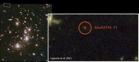 This image of the galaxy cluster Abell 2744 was obtained with NASA's Hubble Space Telescope. The zoomed image shows the region around the galaxy Abell2744_Y1, one of the most distant galaxy candidates known, harkening back to a time when the universe was 650 million years old. This image of the galaxy cluster Abell 2744 was obtained with NASA's Hubble Space Telescope. The zoomed image shows the region around the galaxy Abell2744_Y1, one of the most distant galaxy candidates known, harkening back to a time when the universe was 650 million years old.