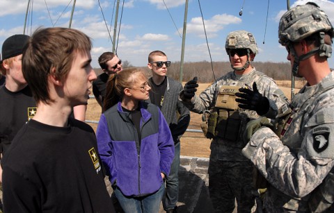 Spc. Cliff Baxter (right) and Spc. Christopher Paisley, both forward observers with 3rd Brigade Combat Team, 101st Airborne Division (Air Assault) discuss the life of a Soldier and offer insights to the 14 future Soldiers who visited 3rd BCT and Fort Campbell March 19, 2014. (Photo by Staff Sgt. Joel Salgado, 3rd BCT Public Affairs)