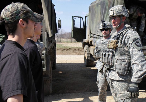 Col. J.B. Vowell, the commander of 3rd Brigade Combat Team, 101st Airborne Division (Air Assault) discusses the benefits and opportunities offered by the Army to the 14 future Soldiers who visited 3rd BCT and Fort Campbell March 19, 2014. (Photo by Sgt. Brian Smith-Dutton, 3rd BCT Public Affairs)