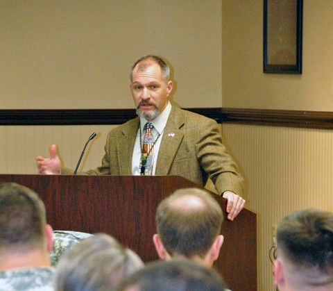 Timothy L. Morgan, USASOAC G4 Aviation Maintenance Sustainment Branch's Special Projects Coordinator, discusses the damaging effects corrosion has on military equipment during the USASOAC's Corrosion Control Symposium at the 160th Special Operations Aviation Regiment (Airborne)'s compound. (U.S. Army photo by Staff Sgt. Thaddius S. Dawkins II, United States Army Special Operations Aviation Command)