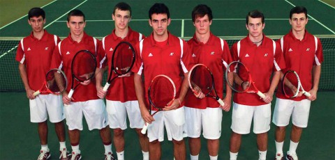 2013-14 Men’s Tennis Team: Standing (L-R): Manuel Montenegro, Jasmin Ademovic, Aleksas Tverijonas, Iago Seffrin, James Mitchell, Evan Borowski, Dimitar Ristovski.