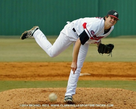 APSU pitcher A.J. Gaura on the mound against Iowa. (Michael Rios-Clarksville Sports Network)