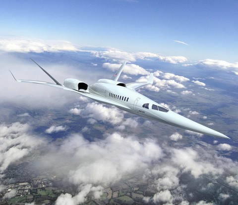 This rendering shows The Boeing Company's future supersonic advanced concept featuring two engines above the fuselage.  (NASA/Boeing)