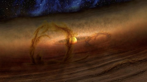 Magnetic loops carry gas and dust above disks of planet-forming material circling stars, as shown in this artist's conception. (NASA/JPL-Caltech)