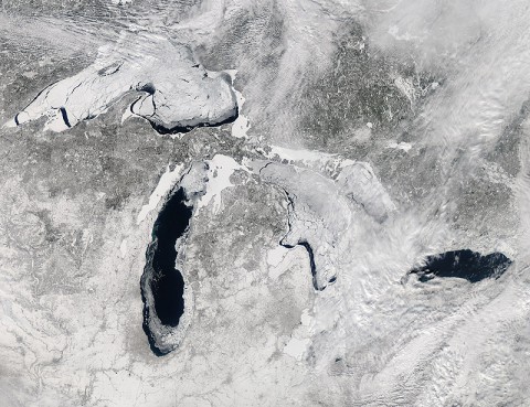 This image, acquired by the Moderate Resolution Imaging Spectroradiometer (MODIS) on NASA's Aqua satellite, shows the Great Lakes on February 19, 2014, when ice covered 80.3 percent of the lakes. (Jeff Schmaltz, LANCE/EOSDIS MODIS Rapid Response Team, NASA)