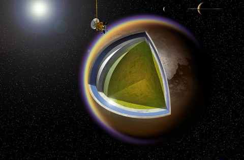 This artist's concept shows a possible model of Titan's internal structure that incorporates data from NASA's Cassini spacecraft. (A. D. Fortes/UCL/STFC)