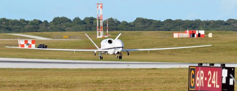 NASA's Global Hawk No. 872 flares for landing at Andersen Air Force Base on Guam to begin the 2014 ATTREX climate-change mission Jan. 17th. The two-month-long airborne science flight campaign wrapped up with the aircraft's return to NASA's Armstrong Flight Research Center March 14th. (U.S. Air Force) NASA's Global Hawk No. 872 flares for landing at Andersen Air Force Base on Guam to begin the 2014 ATTREX climate-change mission Jan. 17th. The two-month-long airborne science flight campaign wrapped up with the aircraft's return to NASA's Armstrong Flight Research Center March 14th. (U.S. Air Force)