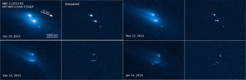 This series of Hubble Space Telescope images reveals the breakup of an asteroid over a period of several months starting in late 2013. The largest fragments are up to 180 meters (200 yards) in radius. This series of Hubble Space Telescope images reveals the breakup of an asteroid over a period of several months starting in late 2013. The largest fragments are up to 180 meters (200 yards) in radius.
