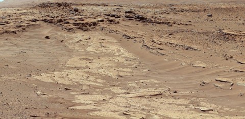 Sandstone layers with varying resistance to erosion are evident in this Martian scene recorded by the Mast Camera on NASA's Curiosity Mars rover on Feb. 25, 2014, about one-quarter mile (about 400 meters) from a planned waypoint called "the Kimberley." (NASA/JPL-Caltech/MSSS)