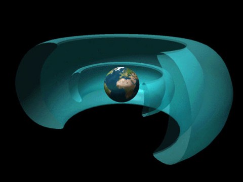 Two giant belts of radiation surround Earth. The inner belt is dominated by electrons and the outer one by protons.  (NASA)