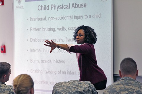 PJ Rawlins, a Family Advocacy Program specialist, provides soldiers from the 101st Special Troops Battalion, 101st Sustainment Brigade, 101st Airborne Division (Air Assault), family advocacy training March 11th, at Fort Campbell. The mandatory training helps soldiers identify indicators of domestic abuse and provides resources to help soldiers improve their home lives. (Sgt. Leejay Lockhart, 101st Sustainment Brigade Public Affairs)