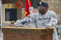 Command Sgt. Maj. Eugene Thomas Jr., a native of Greenville, Fla., addresses the 101st Sustainment Brigade during a change of responsibility ceremony April 14, at Fort Campbell, Ky. Thomas charged leader of the U.S. Army’s premier sustainment brigade to embrace and manage change change. (Sgt. 1st Class Mary Rose Mittlesteadt/U.S. Army)