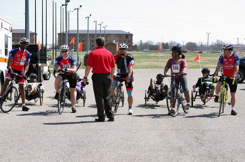 Soldiers and staff from the Fort Campbell, KY. Warrior Transition Battalion prepare to take off during the cycling trial April 1, 2014 for the upcoming Warrior Games.  (U.S. Army photo by Sgt. Eric Lieber/RELEASED)