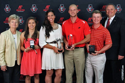 (L to R) Cheryl Holt, Tatiana Ariza, Lauren de Castro, Marco Iten, Anthony Bradley, and Derek van der Merwe. (Brittney Sparn/APSU Sports Information)