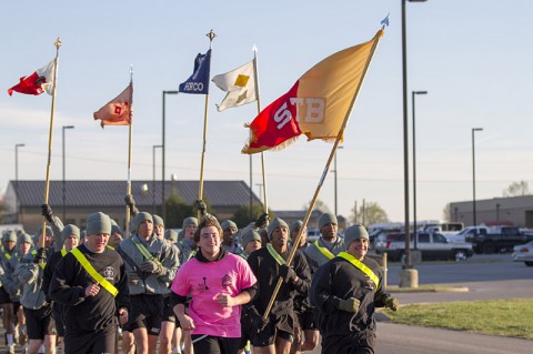 The 101st Special Troops Battalion, 101st Sustainment Brigade, 101st Airborne Division Air Assault, conducted a battalion run for fallen members of the battalion April 16, at Fort Campbell. (U.S. Army photo by Sgt. Leejay Lockhart, 101st Sustainment Brigade Public Affairs)