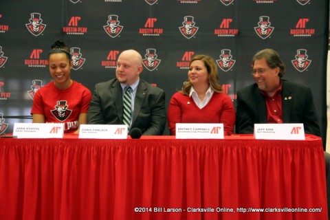 Jada Stotts, a junior volleyball player and President of the Student-Athlete Advisory Council (SAAC); Chris Tablack, APSU student government senator; Britney Campbell, Legends Bank vice-president of marketing and Governors Club president;  and Jeff Bibb, BLF Marketing Managing Partner and APSU Athletics Hall of Fame director; 