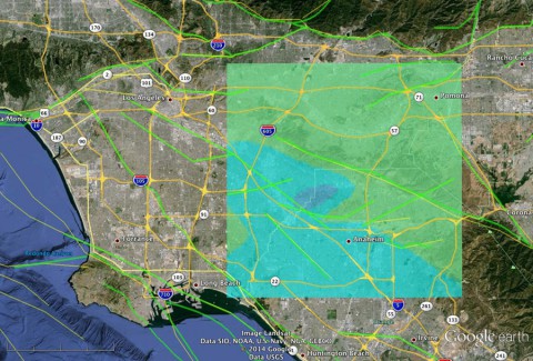 JPL scientists modeled the March 28, 2014 magnitude 5.1 quake near Los Angeles based on USGS seismic data. This model image shows how the quake may appear to airborne radar, such as NASA's UAVSAR, which will survey the area soon. Blue shades indicate the greatest surface displacement. (NASA/JPL-Caltech/USGS/Google Earth)