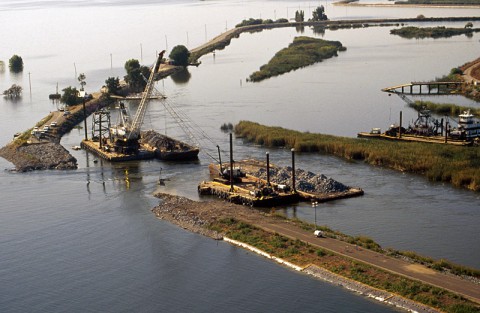 This 2004 levee break, caused by a burrowing beaver, did $90 million worth of damage. NASA's UAVSAR is monitoring levees for early signs of stress that could lead to failure. (Calif. DWR)