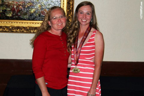 Austin Peay's Jessica Cathey (right) selected to All-Ohio Valley Conference women's golf team. APSU coach Sara Robson (left) said “She is well-deserving.” (APSU Sports Information)