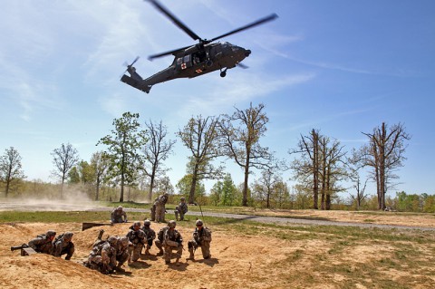 Soldiers with 1st Platoon, Company B, 1st Battalion, 327th Infantry Regiment, 1st Brigade Combat Team, 101st Airborne Division (Air Assault) conducted both blank and live-fire training throughout the day and the night, from April 21st – April 27th, with each platoon being provided engineers, mortars and air assets for their training. (Photo by Sgt. Jon Heinrich)