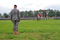 Col. Val C. Keaveny, Jr., former commander 4th Brigade Combat Team, 101st Airborne Division (Air Assault), stands in front of the brigade formation during the inactivation and relinquishment of command ceremony at the division parade field on Fort Campbell, KY, April 25th, 2014. (U.S. Army photo by Sgt. Justin A. Moeller, 4th BCT Public Affairs)