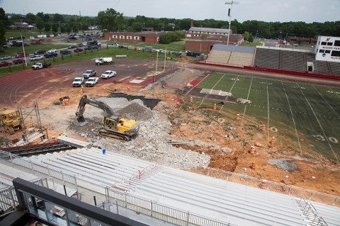 Crews have nearly filled the sinkhole on Austin Peay State University's football field with rock and concrete on Thursday, May 22, 2014. (Bill Persinger, APSU PR and Marketing) 