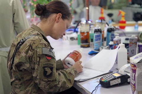 U.S. Army Spc. Samantha Griffin, combat medic who serves as a preventive medicine technician with Company C, 526th Brigade Support Battalion, 2nd Brigade Combat Team, 101st Airborne Division (Air Assault), conducts a health assessment at Forward Operating Base Gamberi, Afghanistan, May 17, 2014. (U.S. Army photo by Sgt. David Cox)