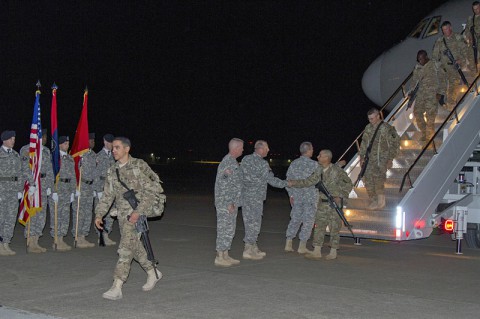 Leaders from the 101st Airborne Division (Air Assault) and 101st Sustainment Brigade greet returning Soldiers from the 227th Quartermaster Company, 129th Combat Sustainment Support Battalion, 101st Sust. Bde., 101st Abn. Div., as they return from a nine-month deployment to Afghanistan May 4, at Fort Campbell, Ky. (U.S. Army photo by Sgt. 1st Class Mary Rose Mittlesteadt, 101st Sustainment Brigade Public Affairs)