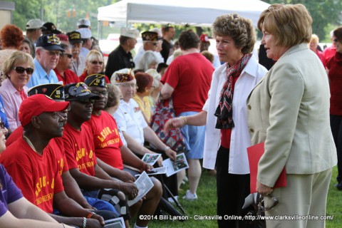 Clarksville Mayor Kim McMillan and Montgomery County Mayor Carolyn Bowers talk to veterans at the 2014 Montgomery County Memorial Day Ceremony Clarksville Mayor Kim McMillan and Montgomery County Mayor Carolyn Bowers talk to veterans at the 2014 Montgomery County Memorial Day Ceremony