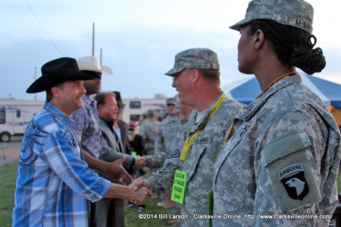 Big and Rich with special guest Cowboy Troy  and Ronnie Barrett meets with the soldiers before their performance at the 2014 Week of the Eagles Concert on Friday