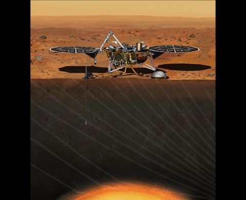 This artist's concept depicts the stationary NASA Mars lander known by the acronym InSight at work studying the interior of Mars. (NASA/JPL-Caltech)