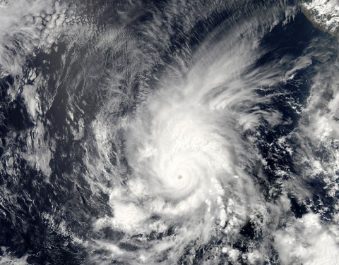 Amanda, the first named storm of the 2014 hurricane season in the Americas, is seen off the west coast of Mexico in an image acquired on May 25 by the Moderate Resolution Imaging Spectrometer (MODIS) on NASA's Aqua satellite. At the time of the image, Amanda was a category 4 hurricane. Amanda's winds peaked at 155 miles (250 kilometers) per hour, making it the strongest May hurricane on record in the eastern Pacific. (NASA/MODIS)