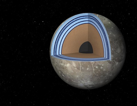 This artist's concept of Jupiter's moon Ganymede, the largest moon in the solar system, illustrates the "club sandwich" model of its interior oceans. (NASA/JPL-Caltech)