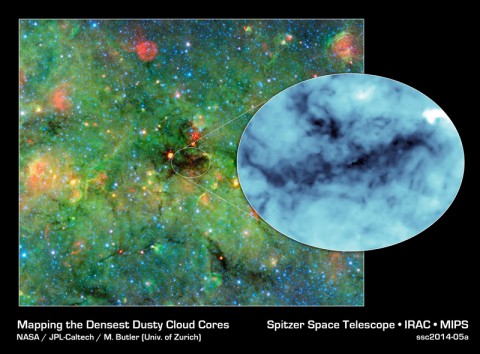 Astronomers have found cosmic clumps so dark, dense and dusty that they throw the deepest shadows ever recorded. (NASA/JPL-Caltech/University of Zurich)