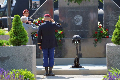 Col. John R. Evans, Jr. commander, 160th Special Operations Aviation Regiment (Airborne) and Col. (R) Vincent Reap, president, Night Stalker Association, render customary honors following the placing of a wreath at the base of the Night Stalker Memorial during the annual Week of Night Stalker Activities Memorial Ceremony held at Fort Campbell, Ky., May 21, 2014. (U.S. Army photo by Maj. Allen Hill, 160th SOAR Public Affairs)