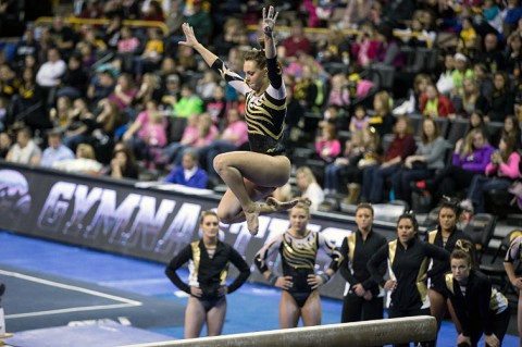 Ashleigh Edlin performing on balance beam for the University of Iowa. (Brian Ray/hawkeyesports.com)