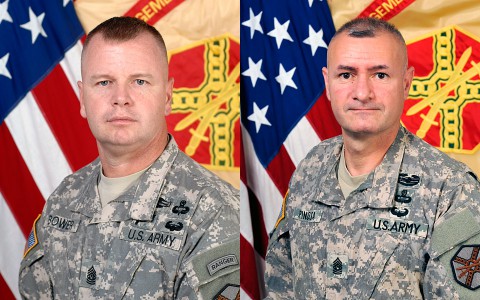 (L to R) Command Sergeant Major Stephen Bower and Command Sergeant Major Gabriel Espinosa.