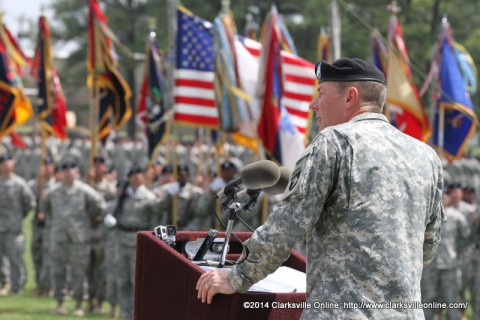 Maj. Gen. James C. McConville addresses the soldiers of the 101st Airborne Division after relinquishing his command of the storied unit.